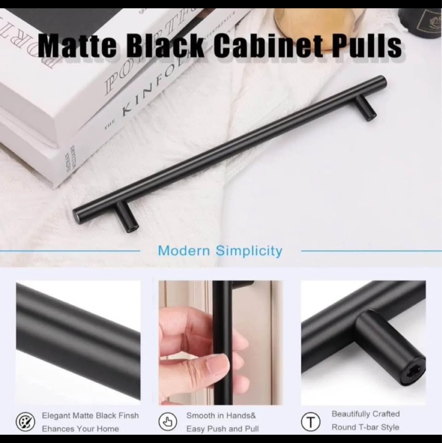 6 Pack NEW Matte Black Cabinet Pulls - Modern T-Bar Handles image indicator(4)