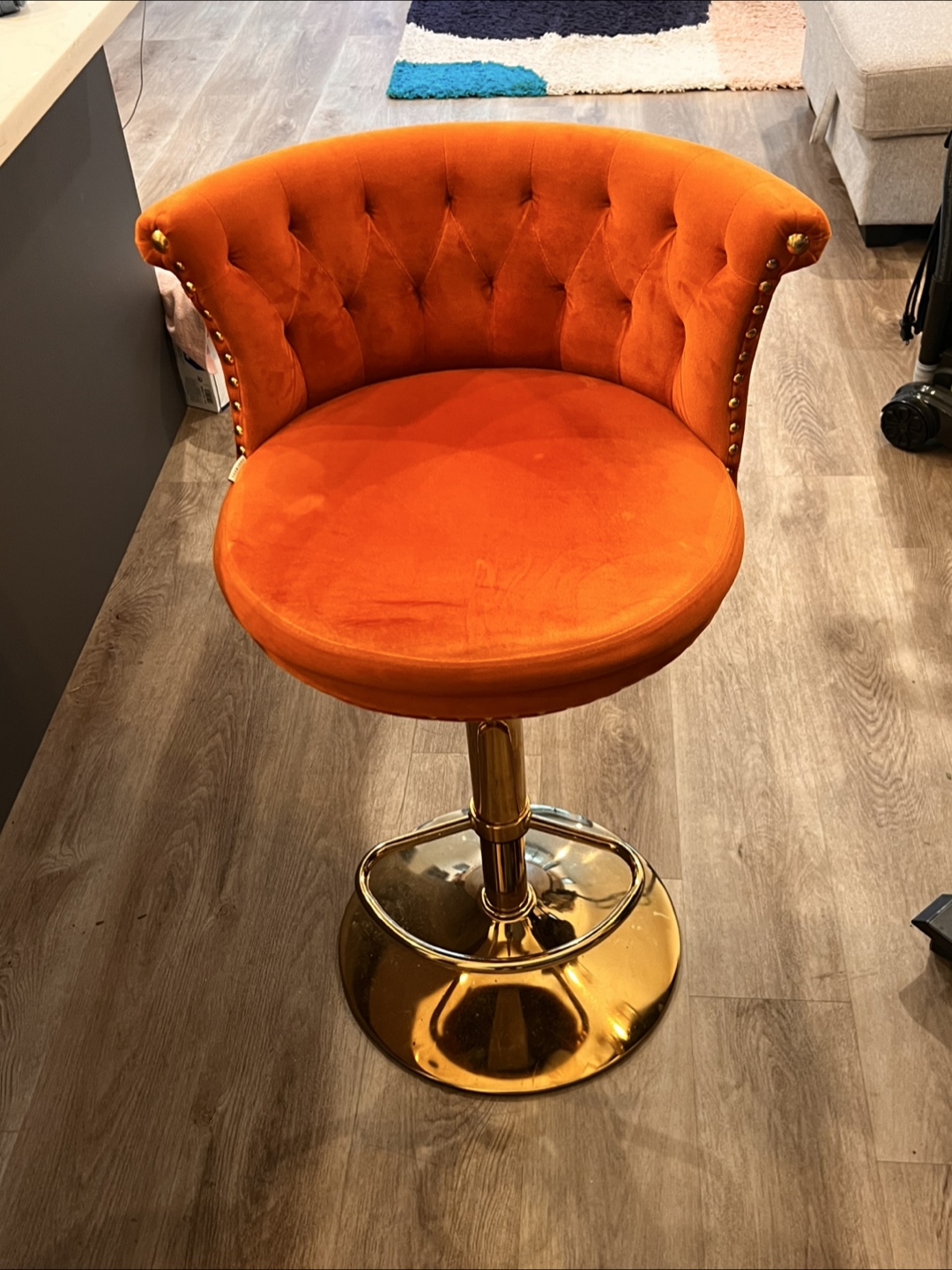 2 Orange Velvet Swivel Bar Stool - Adjustable Height