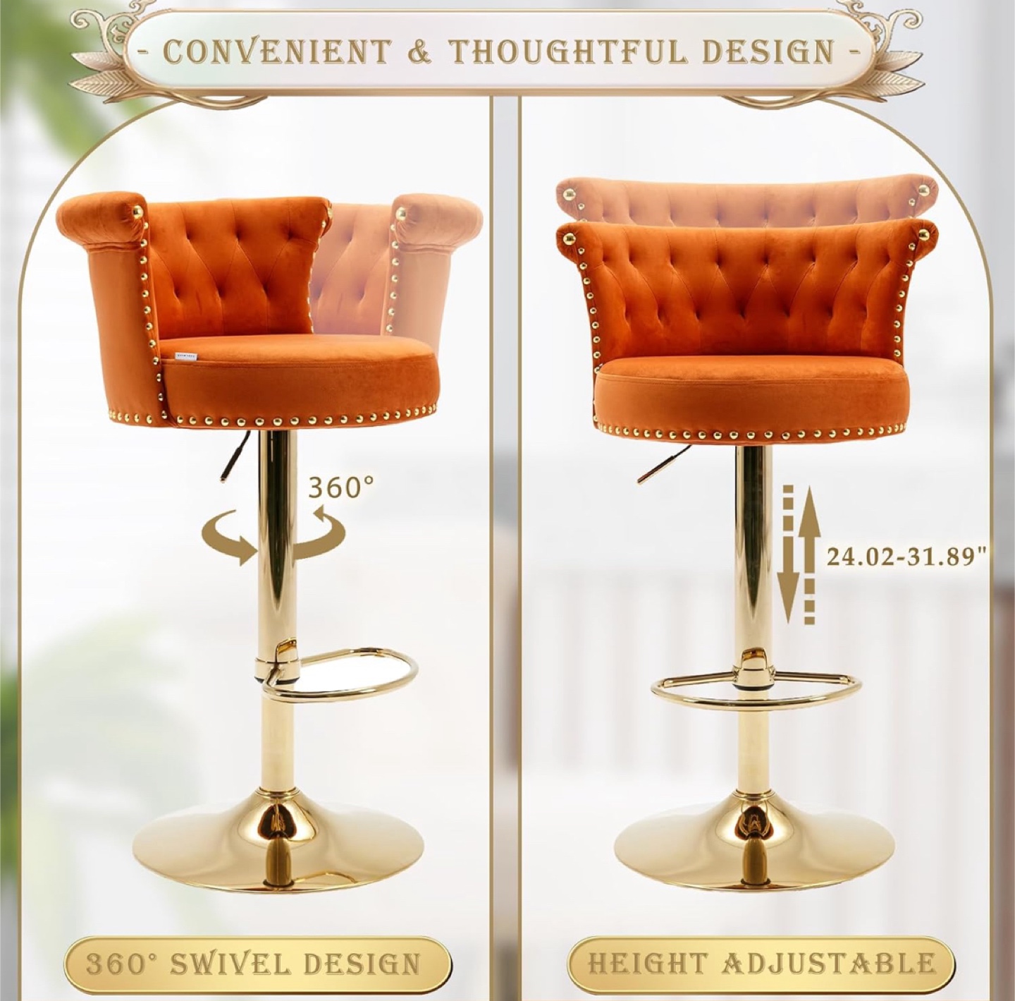 2 Orange Velvet Swivel Bar Stool - Adjustable Height - photo 2