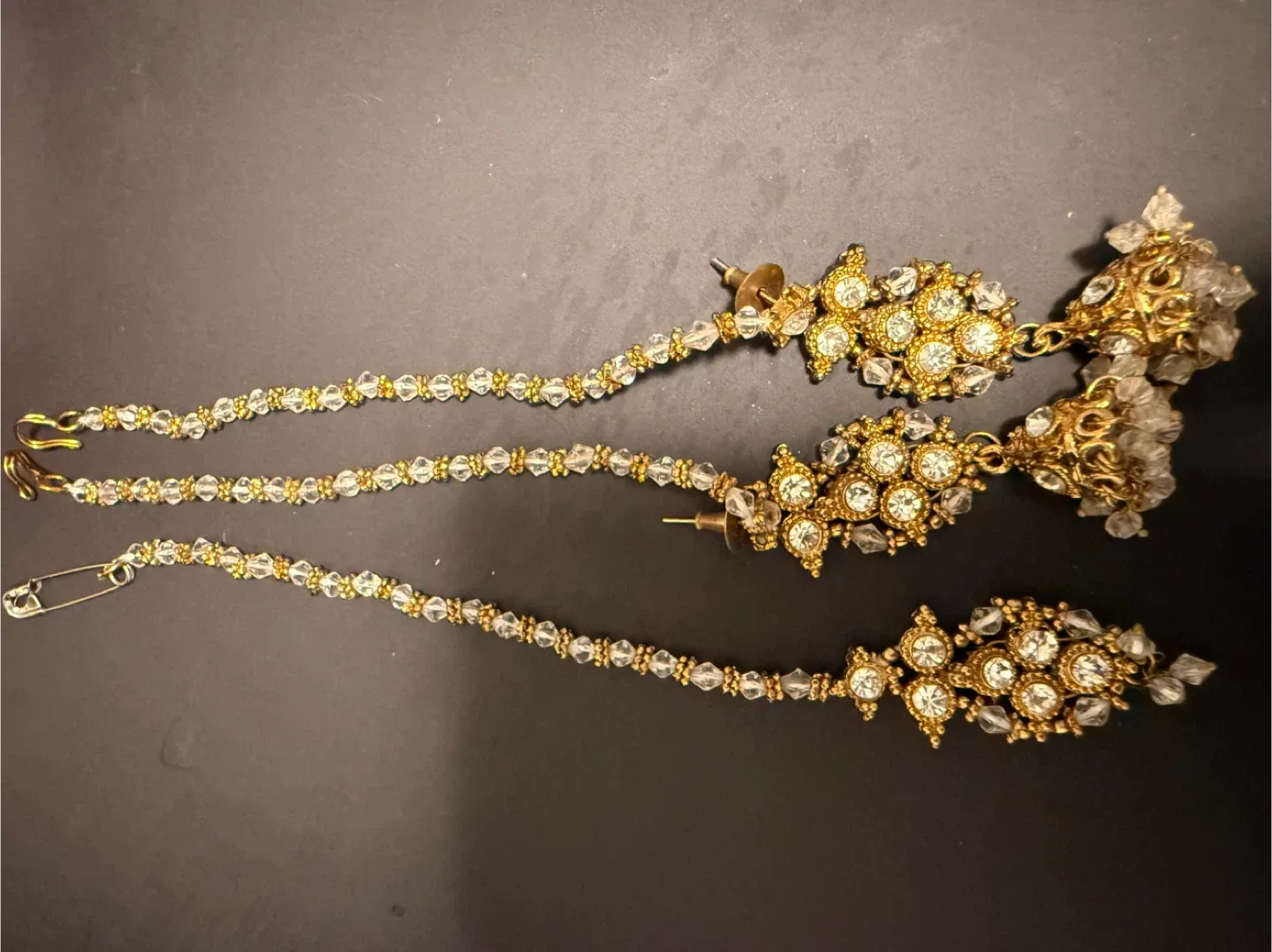 Gold & Crystal Earrings with Hair Chain thumbnail