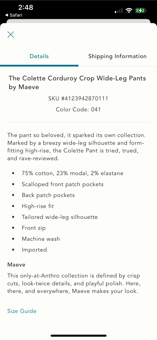 BNWT Anthropologie Colette Corduroy Crop Pants Black 25 image indicator(4)