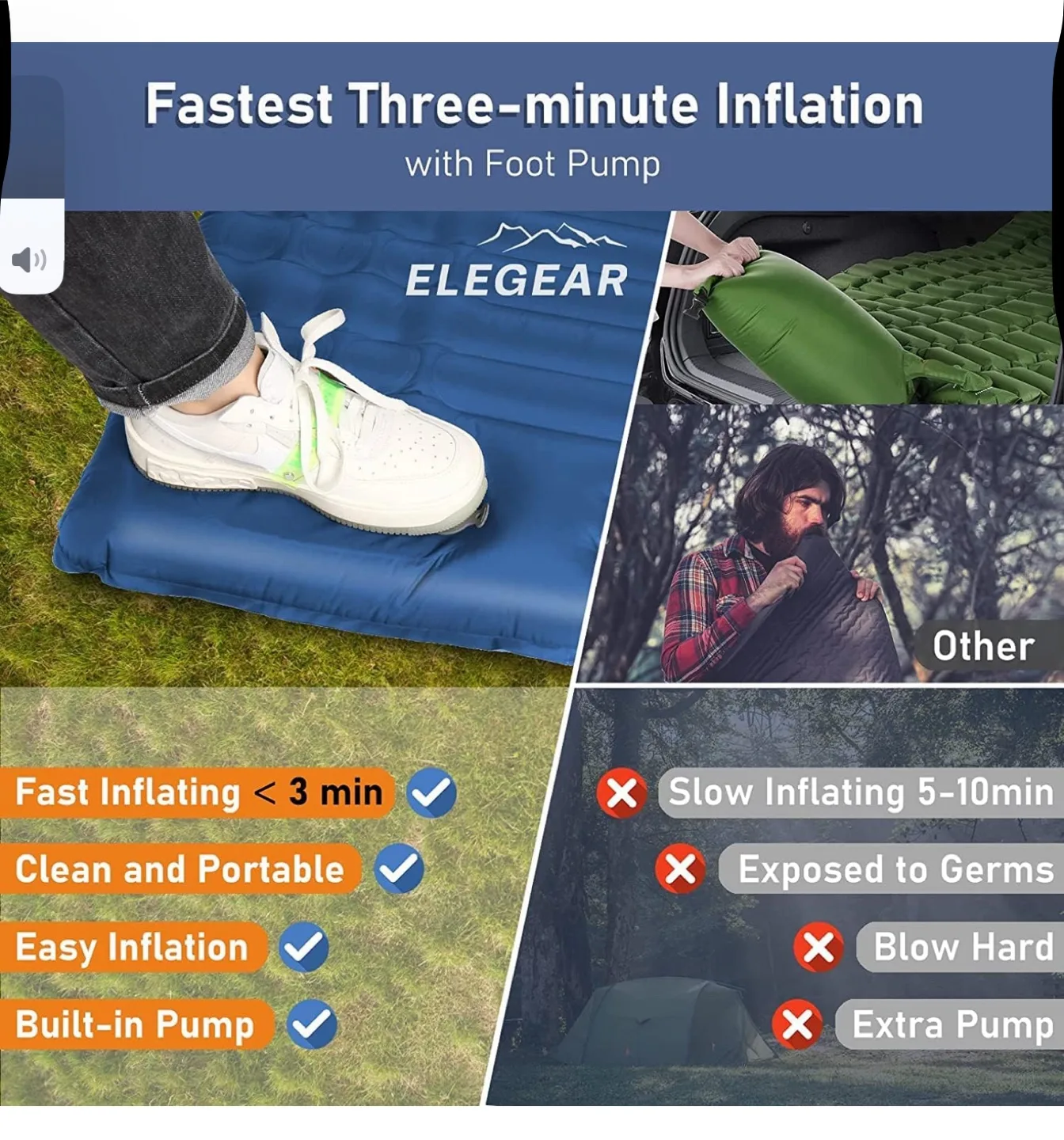 Elegear Double Sleeping Pad with Built-in Foot Pump image indicator(5)