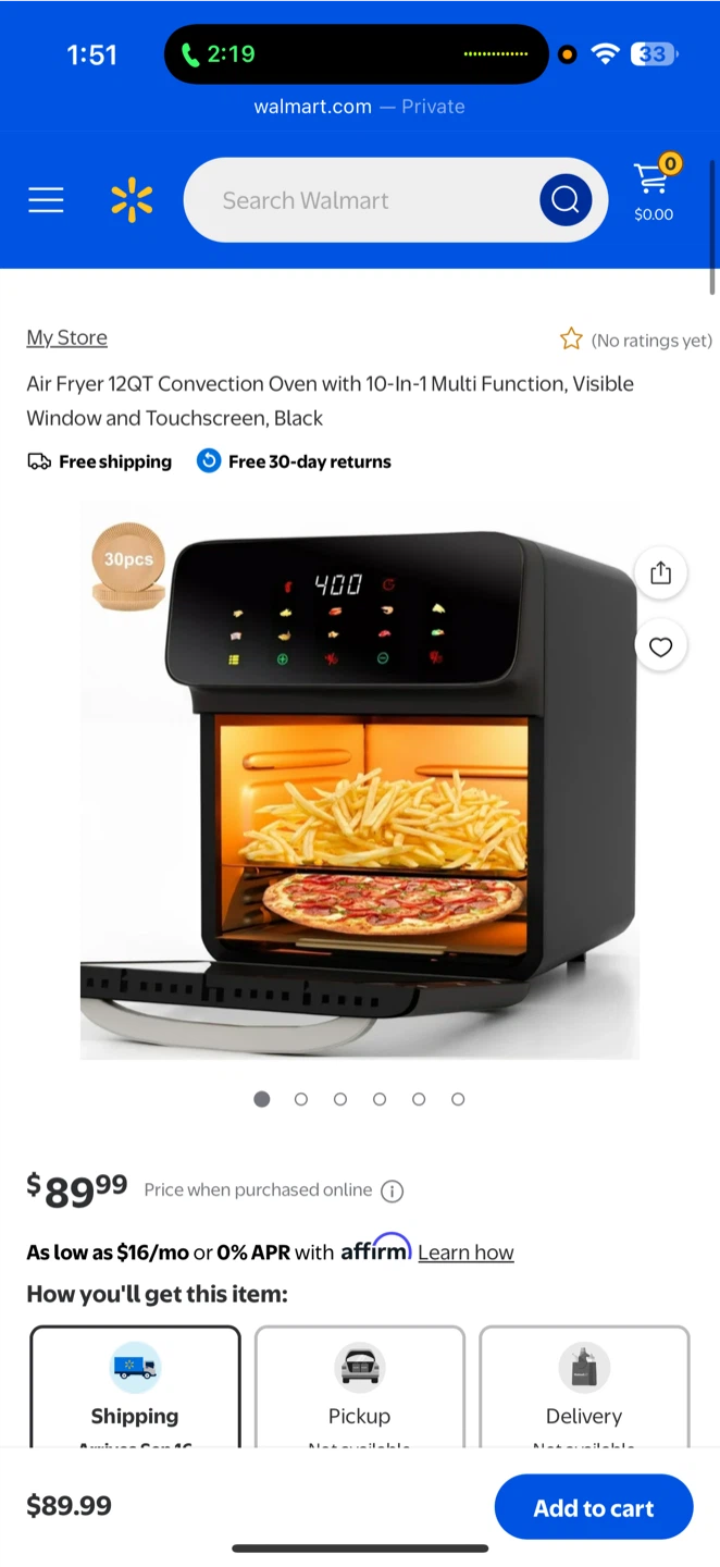 Air Fryer 12QT Convection Oven, Black