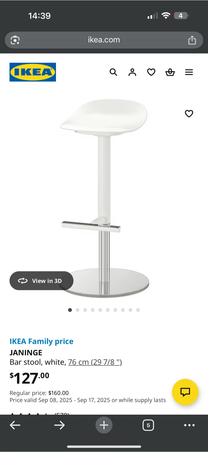 Urgent IKEA Janinge Bar Stools, White, 76 cm