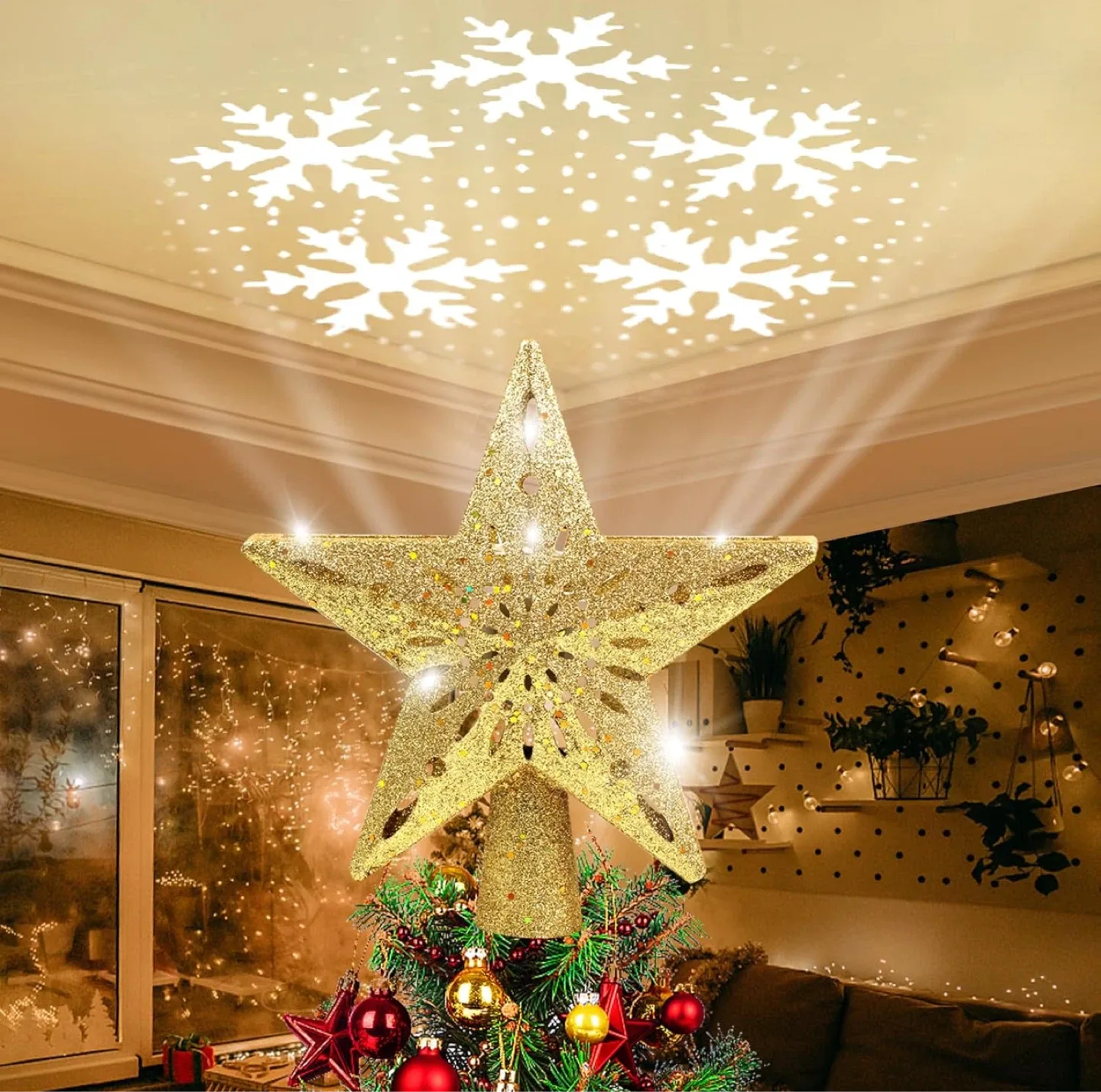 Christmas Tree Topper Star with Projector Lights - Gold image indicator(2)