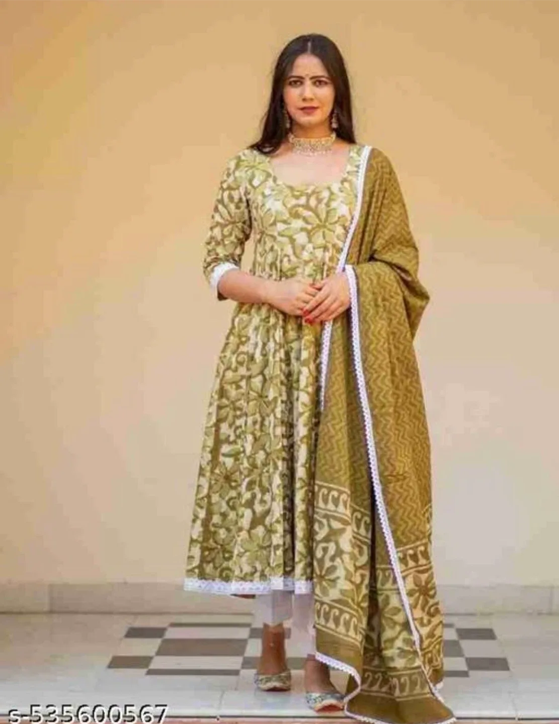 Olive Green Printed Anarkali Kurta with Dupatta thumbnail