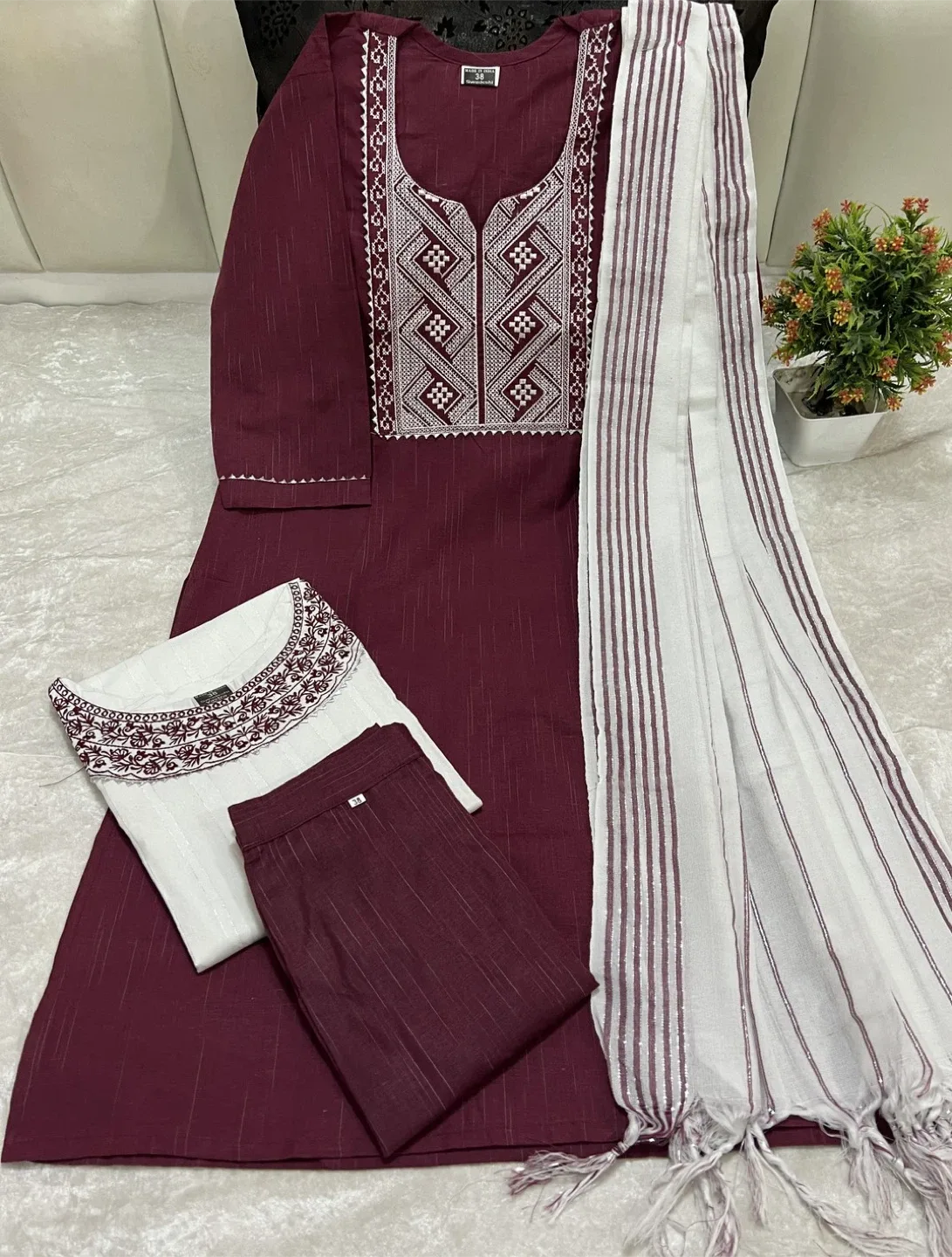 Burgundy Salwar Kameez Suit  two kurties one bottom one duppta thumbnail