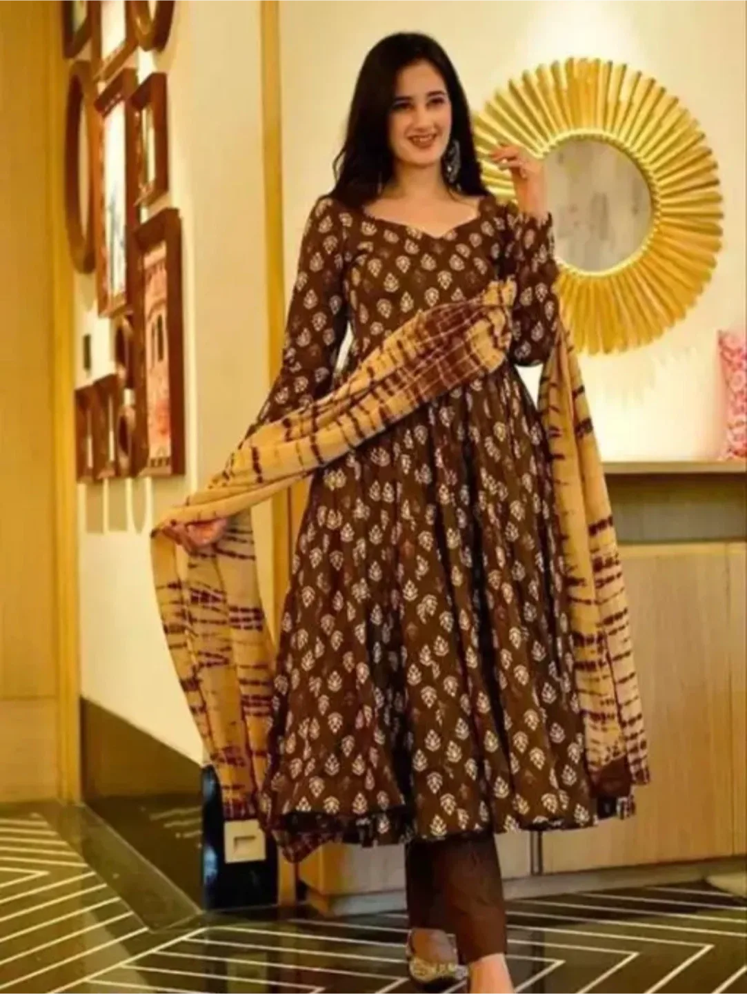 Brown Printed Anarkali Dress thumbnail