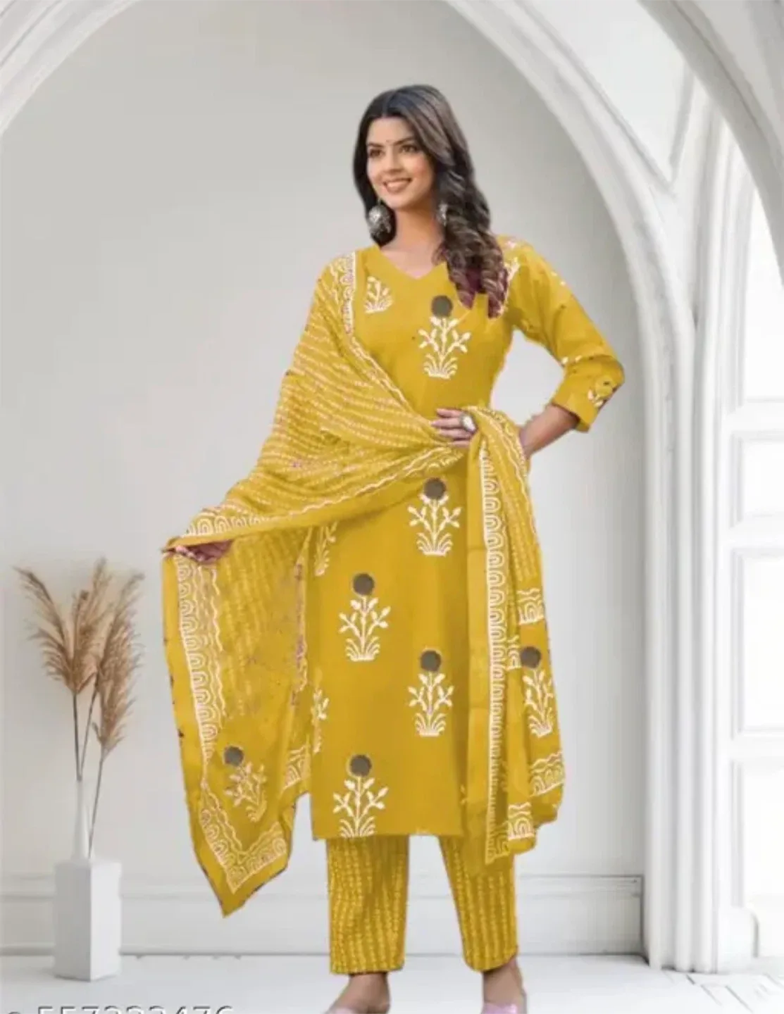 Yellow Printed Kurti Set thumbnail