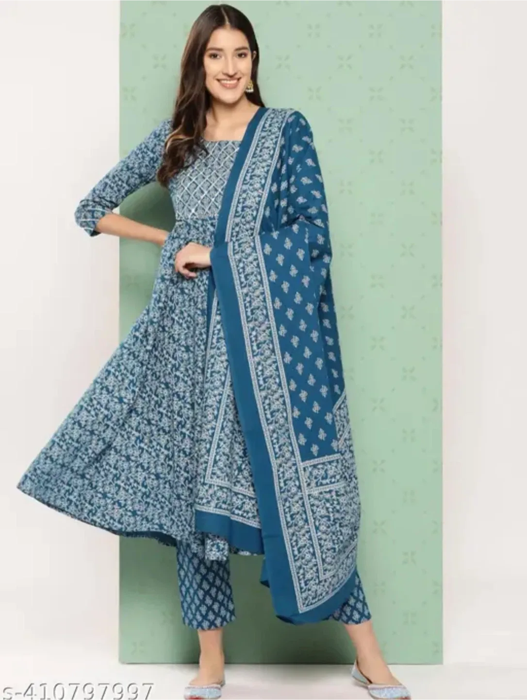 Blue Printed Kurti with Pants & Dupatta thumbnail