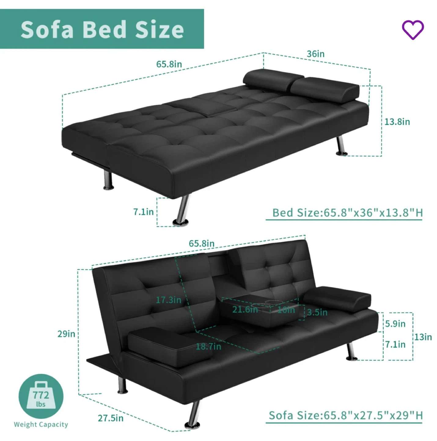 Black Faux Leather Sofa Bed - Like New! - photo 2