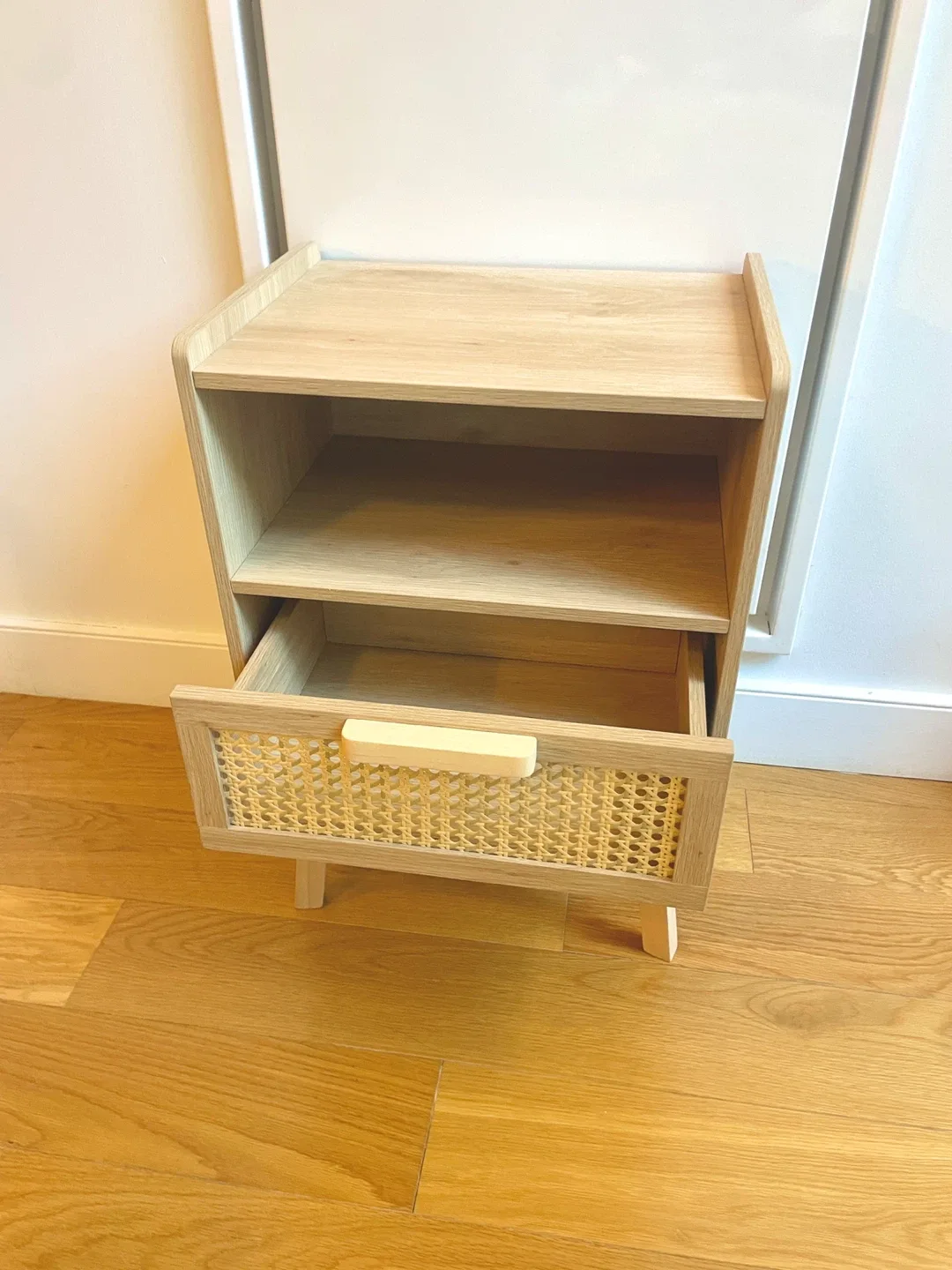 Wood rattan nightstand with drawer and open shelf image indicator(2)