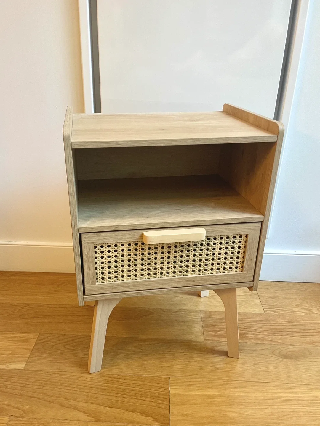 Wood rattan nightstand with drawer and open shelf image indicator(3)