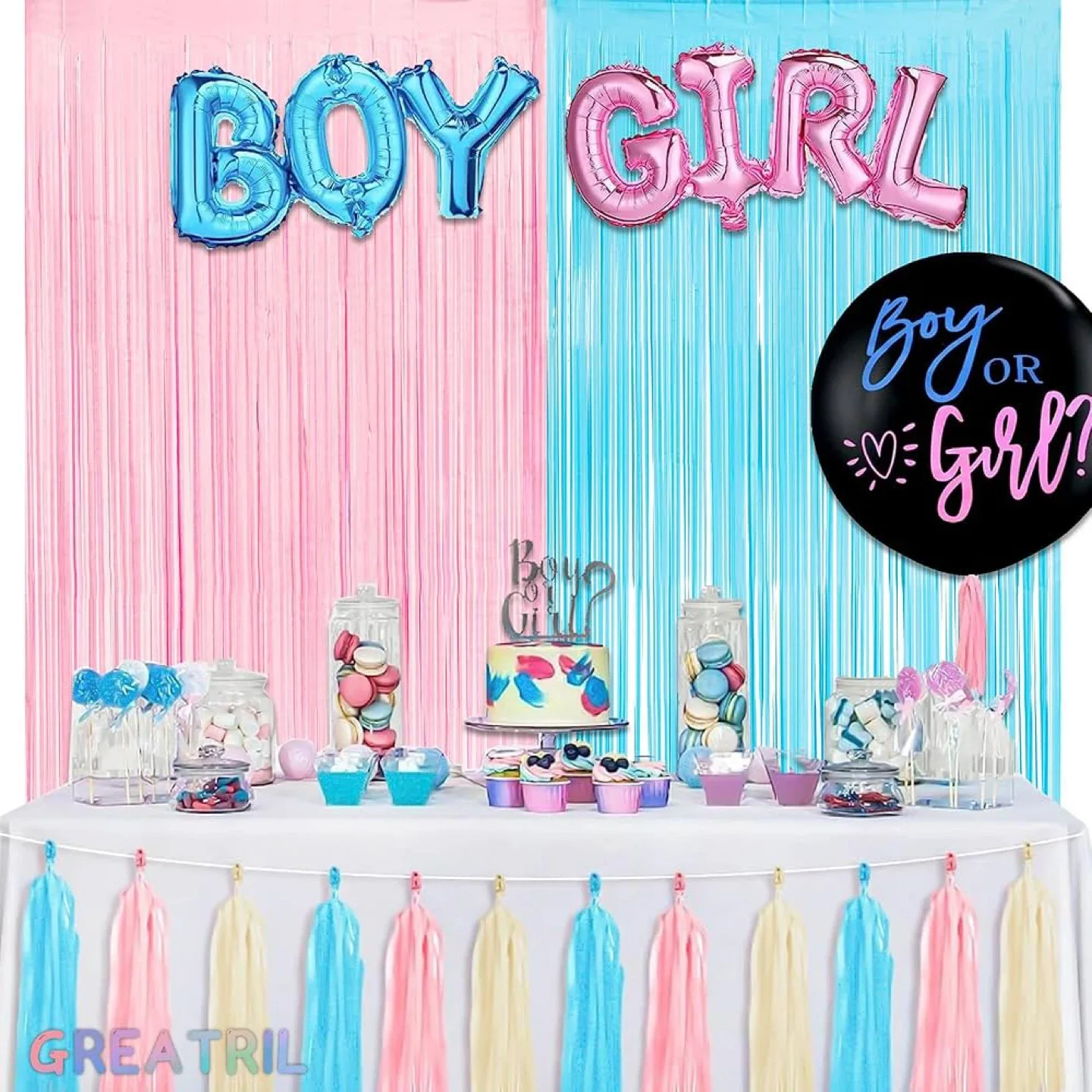 Gender Reveal Birthday Party Tinsel Curtain Backdrop thumbnail