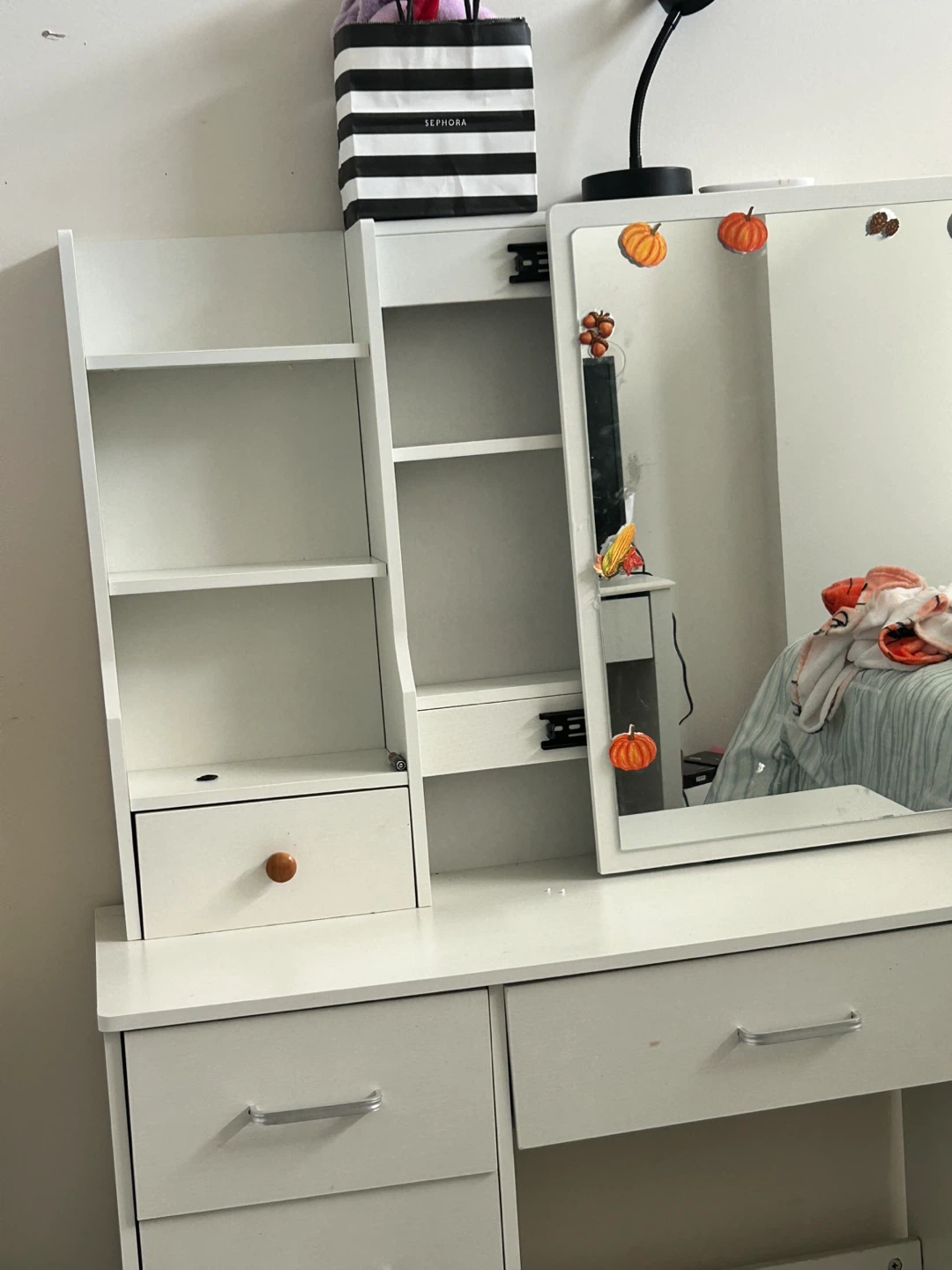 White Vanity Table with Mirror & Shelves
