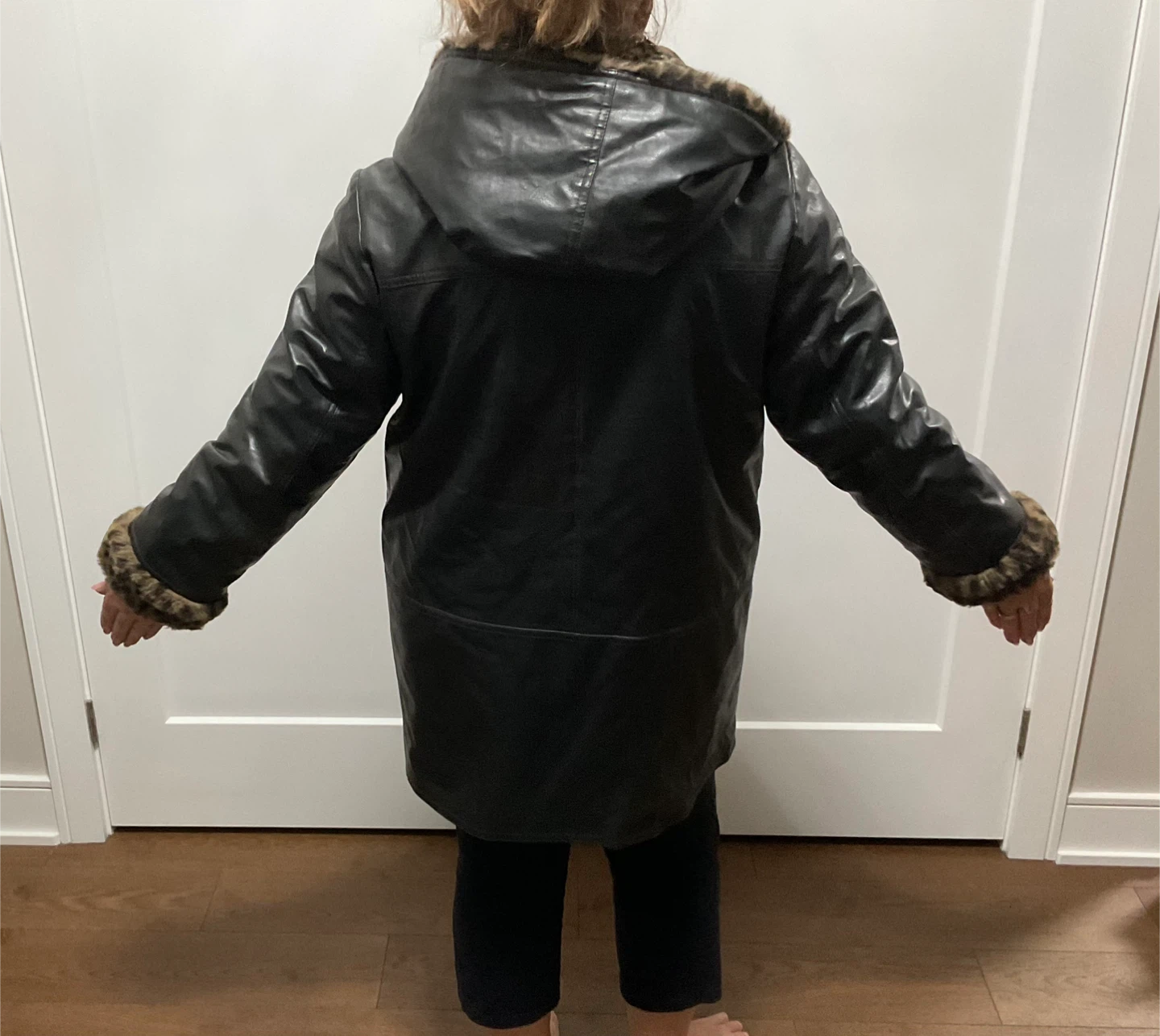 Black Leather Coat - Leopard Trim - photo 2