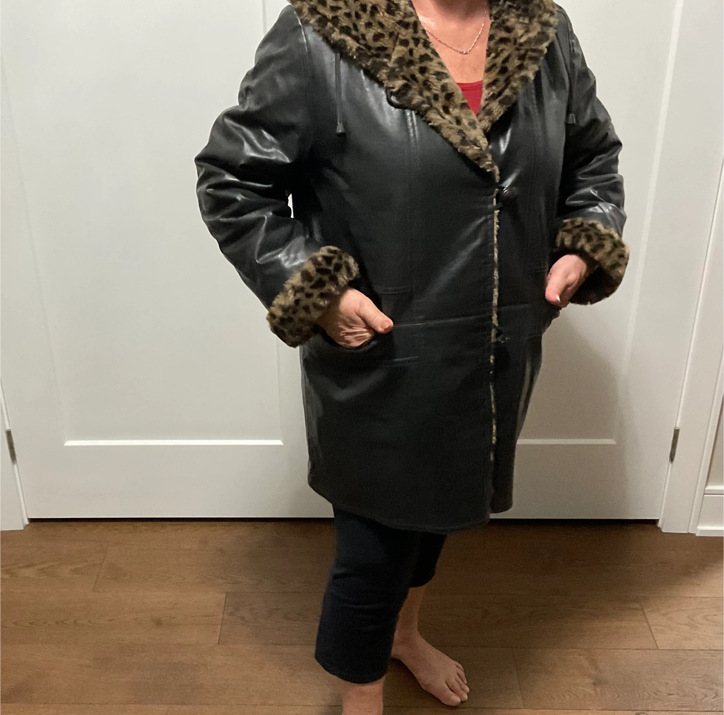 Black Leather Coat - Leopard Trim