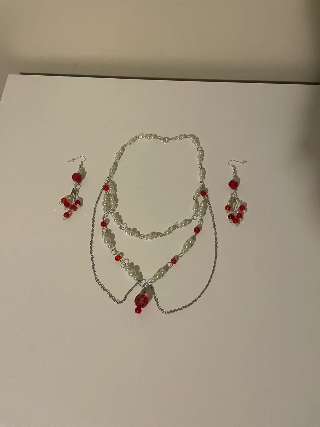 Red & Pearl Necklace and Earring Set