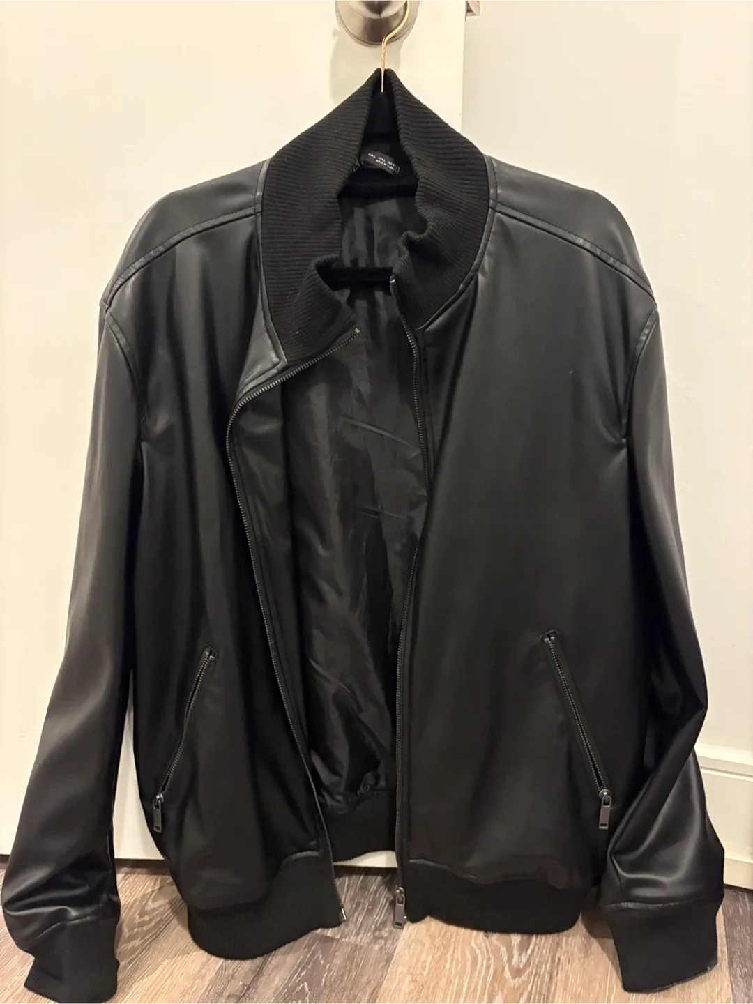 Zara Black Leather Bomber Jacket thumbnail