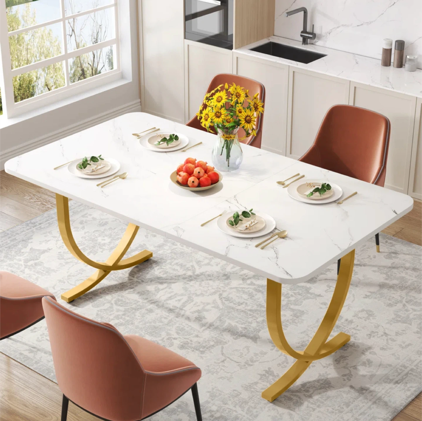 Marble-Style Dining Table with Gold Metal Base