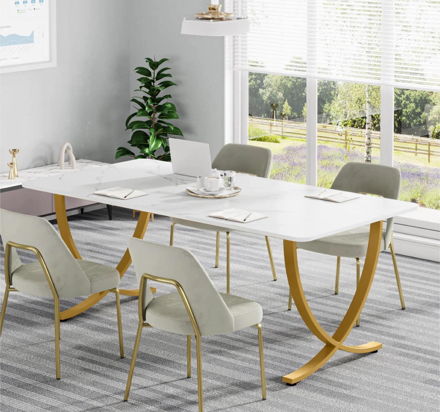 Marble-Style Dining Table with Gold Metal Base - photo 3