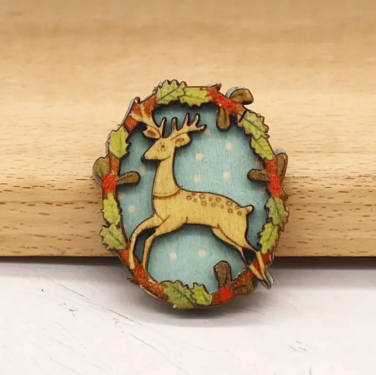 NEW 🧡🦌 Handcrafted Cottagecore Reindeer Wood Brooch image indicator(9)