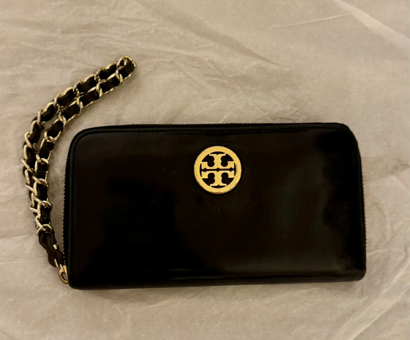Tory Burch Leather Long Wallet with Gold Logo & Chain thumbnail