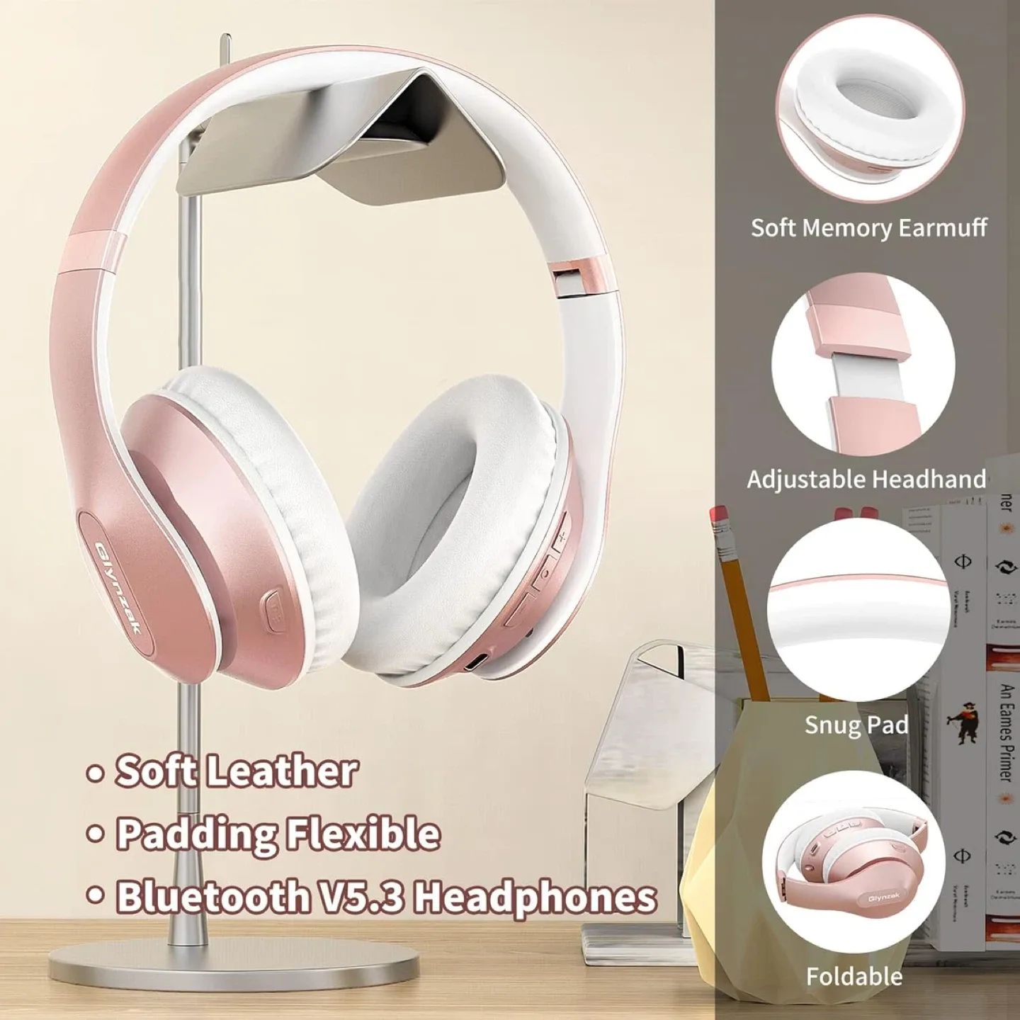 Pink & White Bluetooth V5.3 Headphones image indicator(4)
