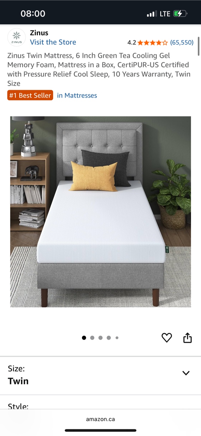 Zinus 6-Inch Green Tea Cooling Gel Memory Foam Mattress - Twin