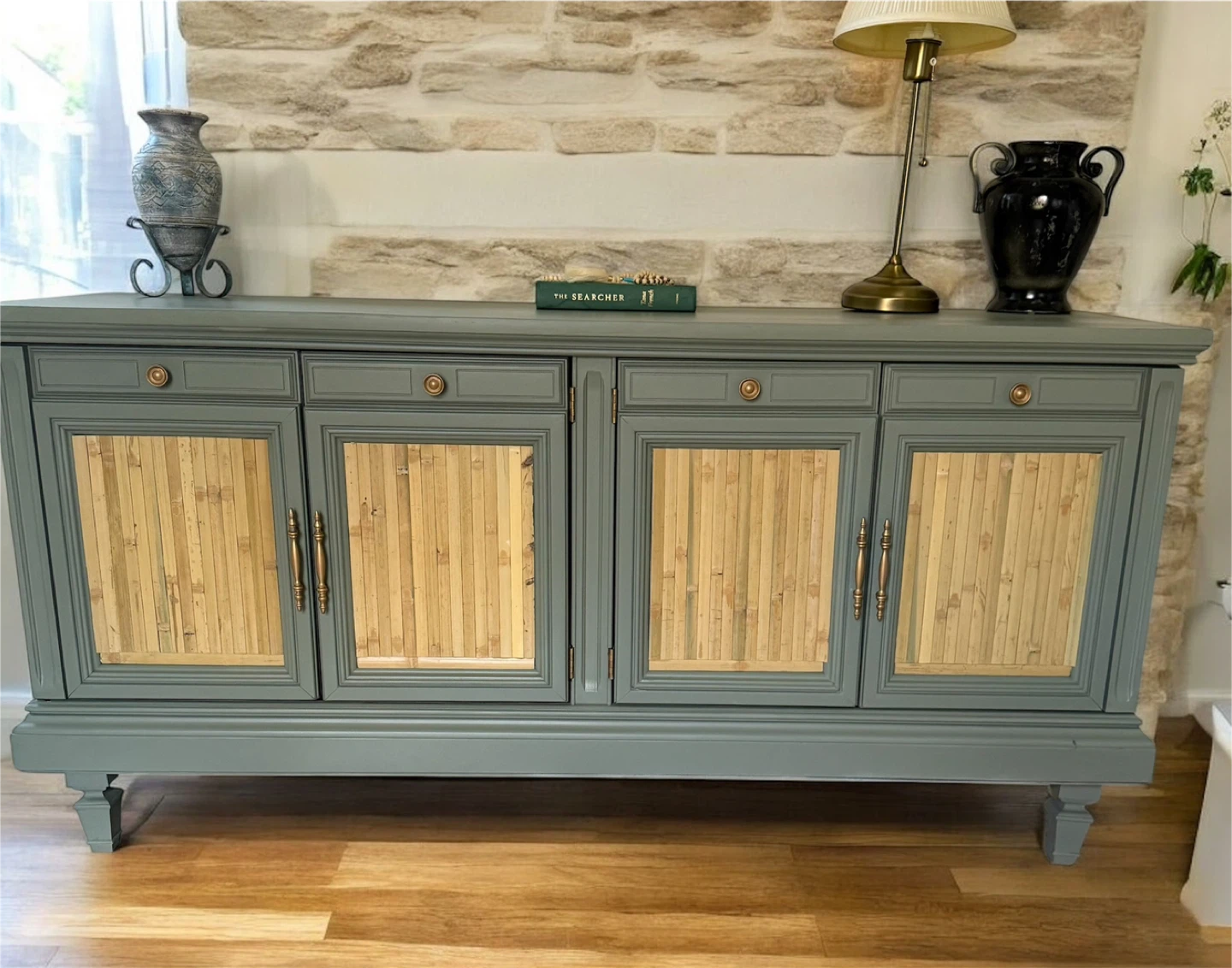 Green Buffet Cabinet with Bamboo Details