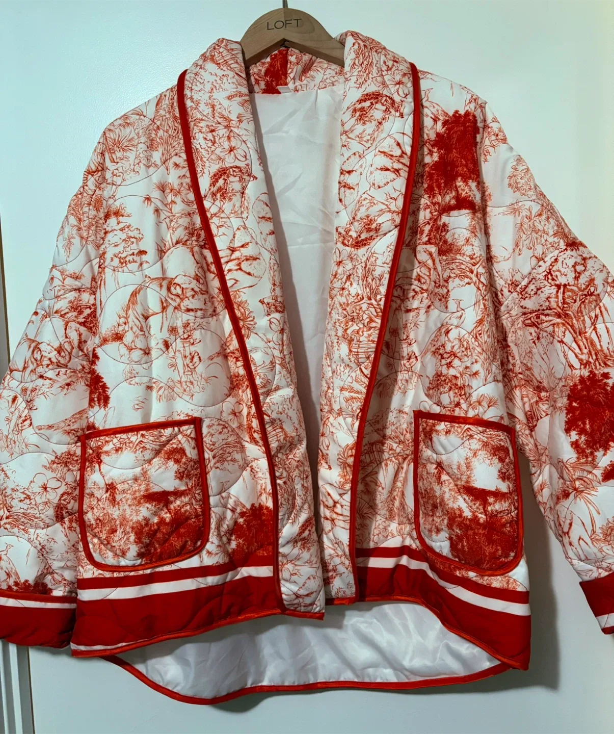 Red & White Toile Print Quilted Jacket thumbnail