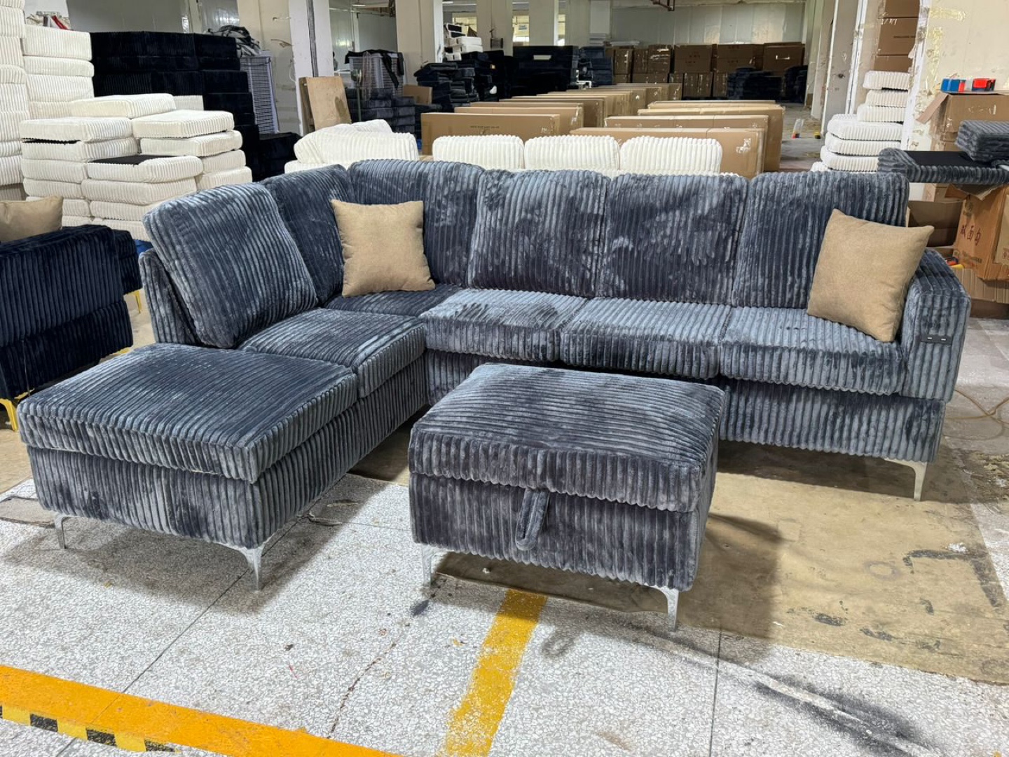 Corduroy Sectional Sofa with Ottoman - Grey