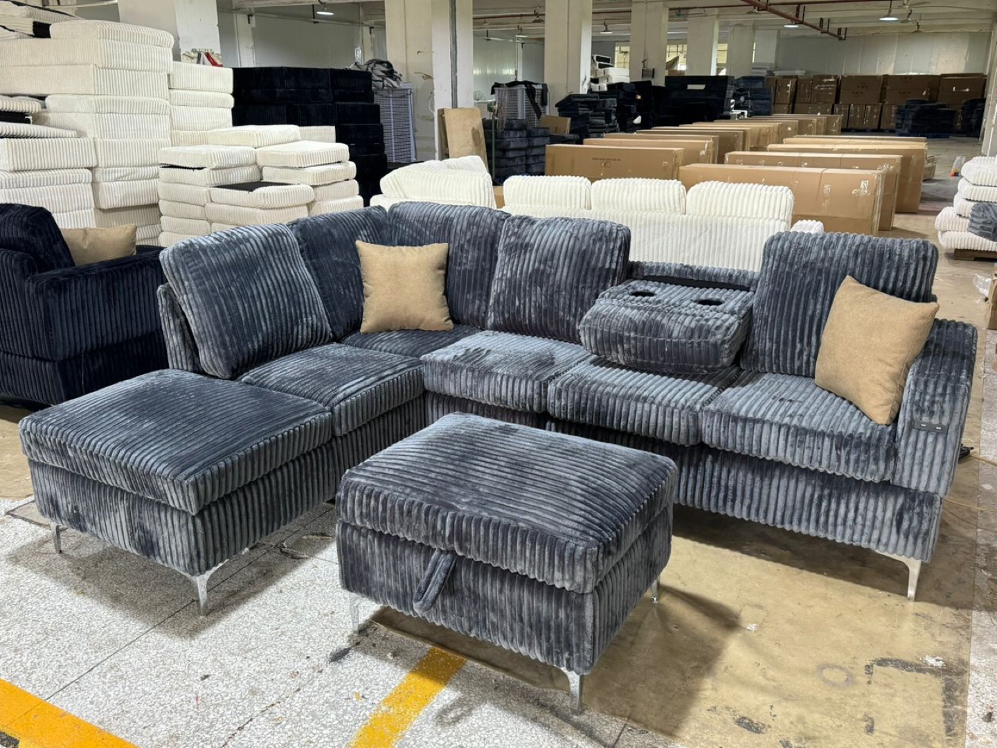 Corduroy Sectional Sofa with Ottoman - Grey