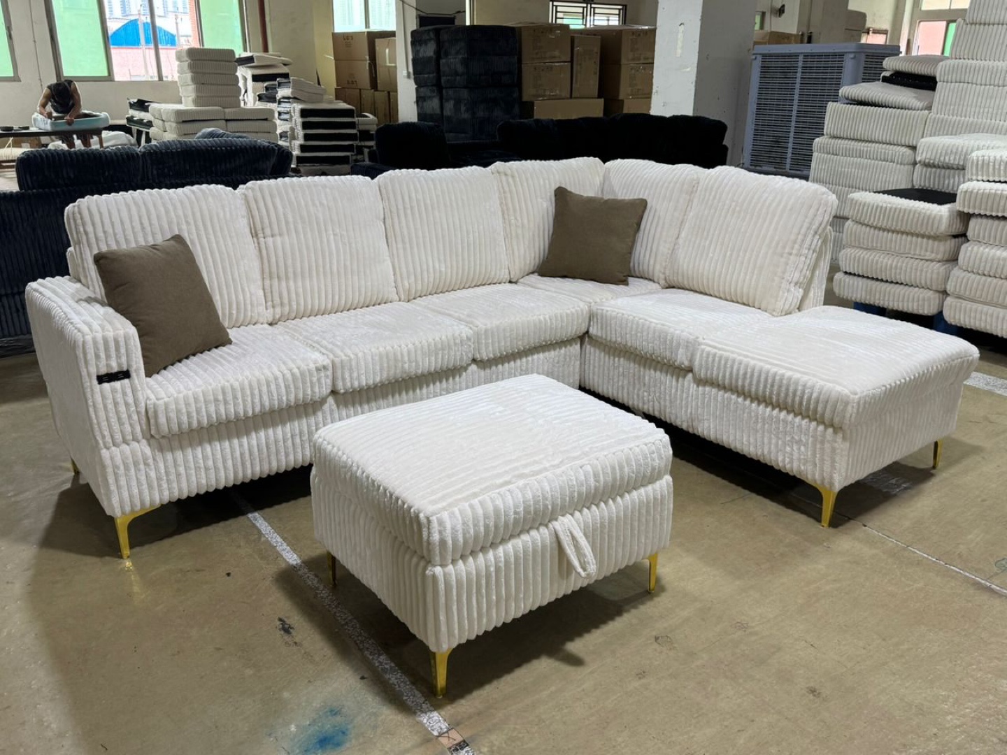 Cream Corduroy Sectional Sofa with Ottoman