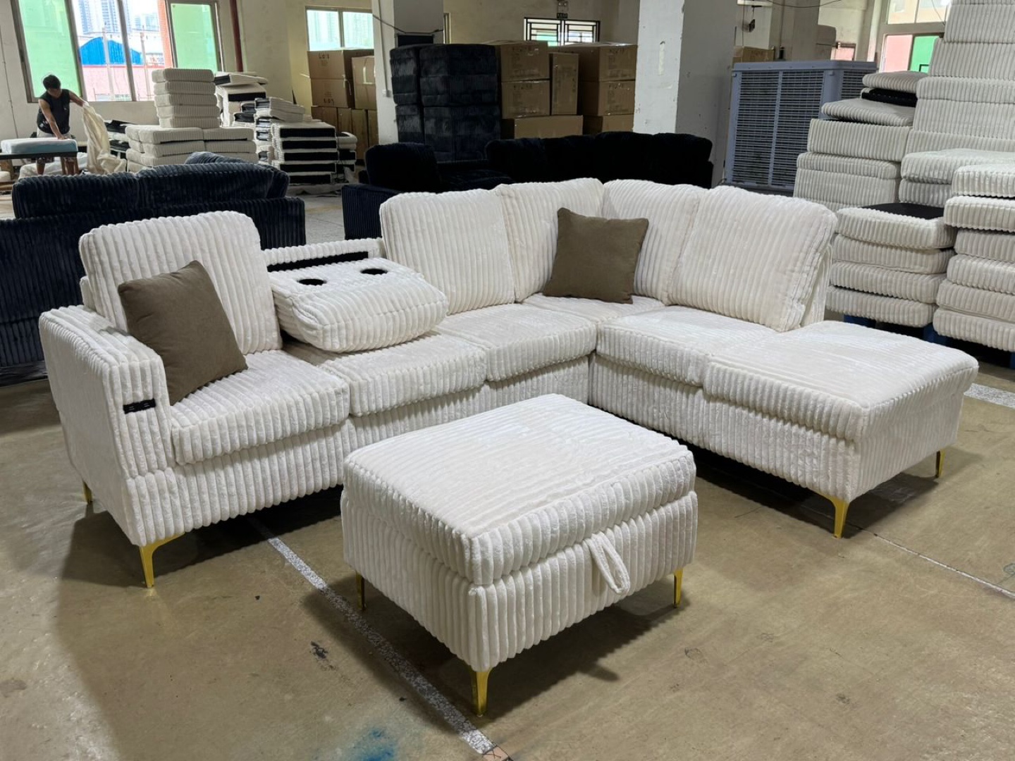Baige Corduroy Sectional Sofa with Ottoman
