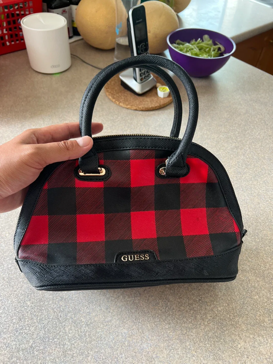 Guess Dome Satchel Handbag - Red & Black Plaid thumbnail