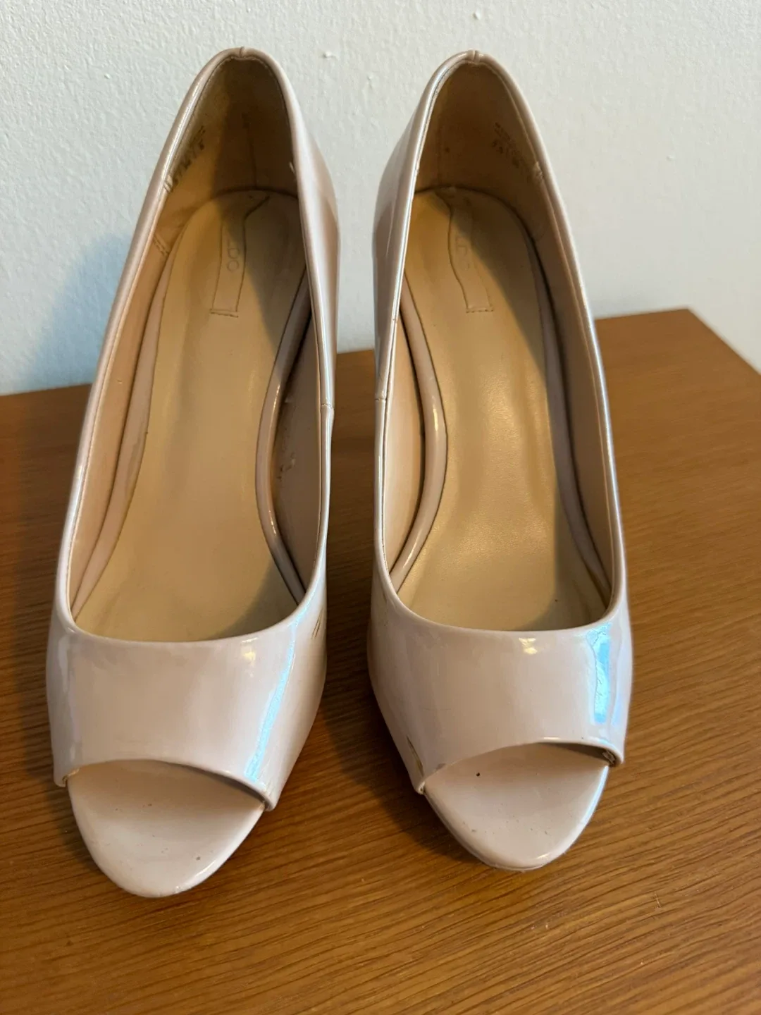 Aldo Beige Patent Leather Peep Toe Heels