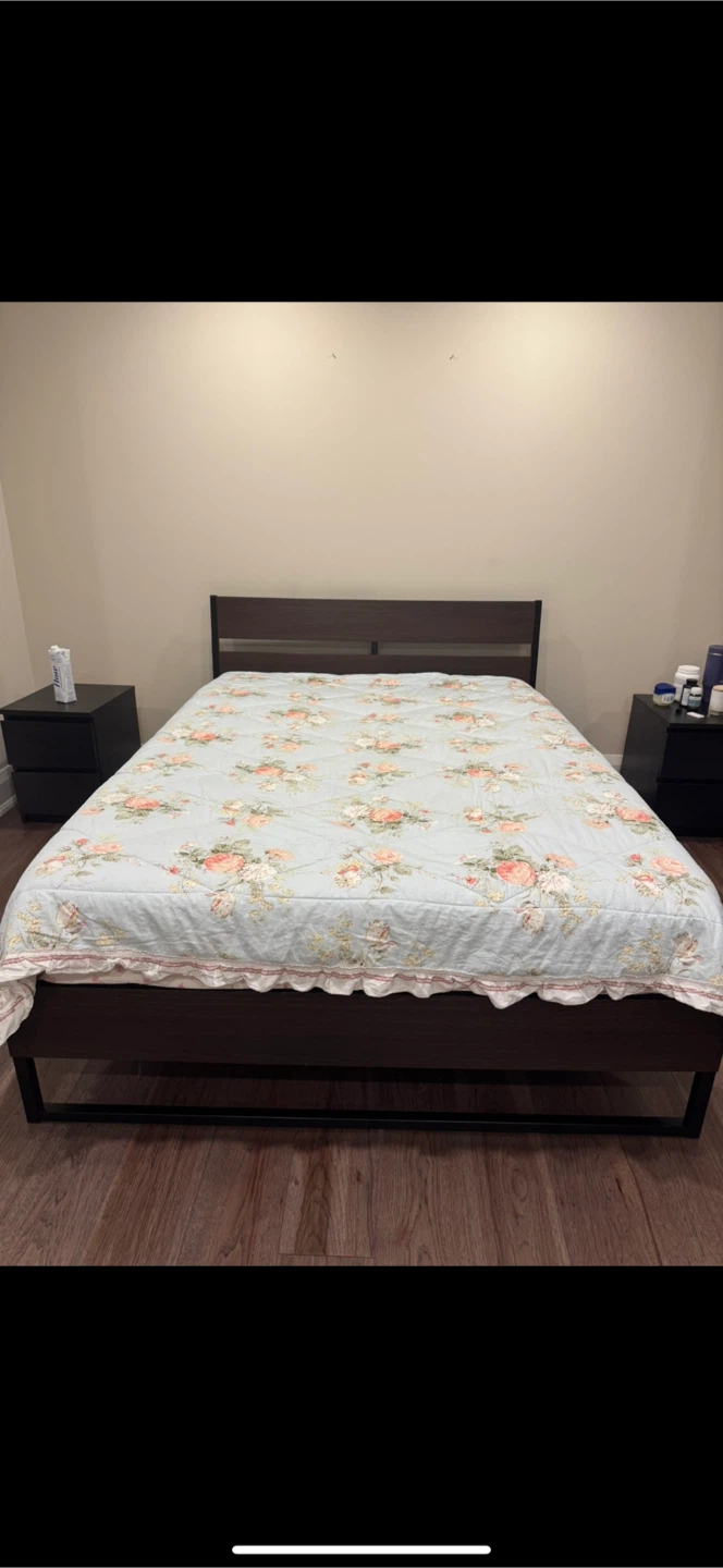 Queen Size Bed Frame and Mattress with night tables