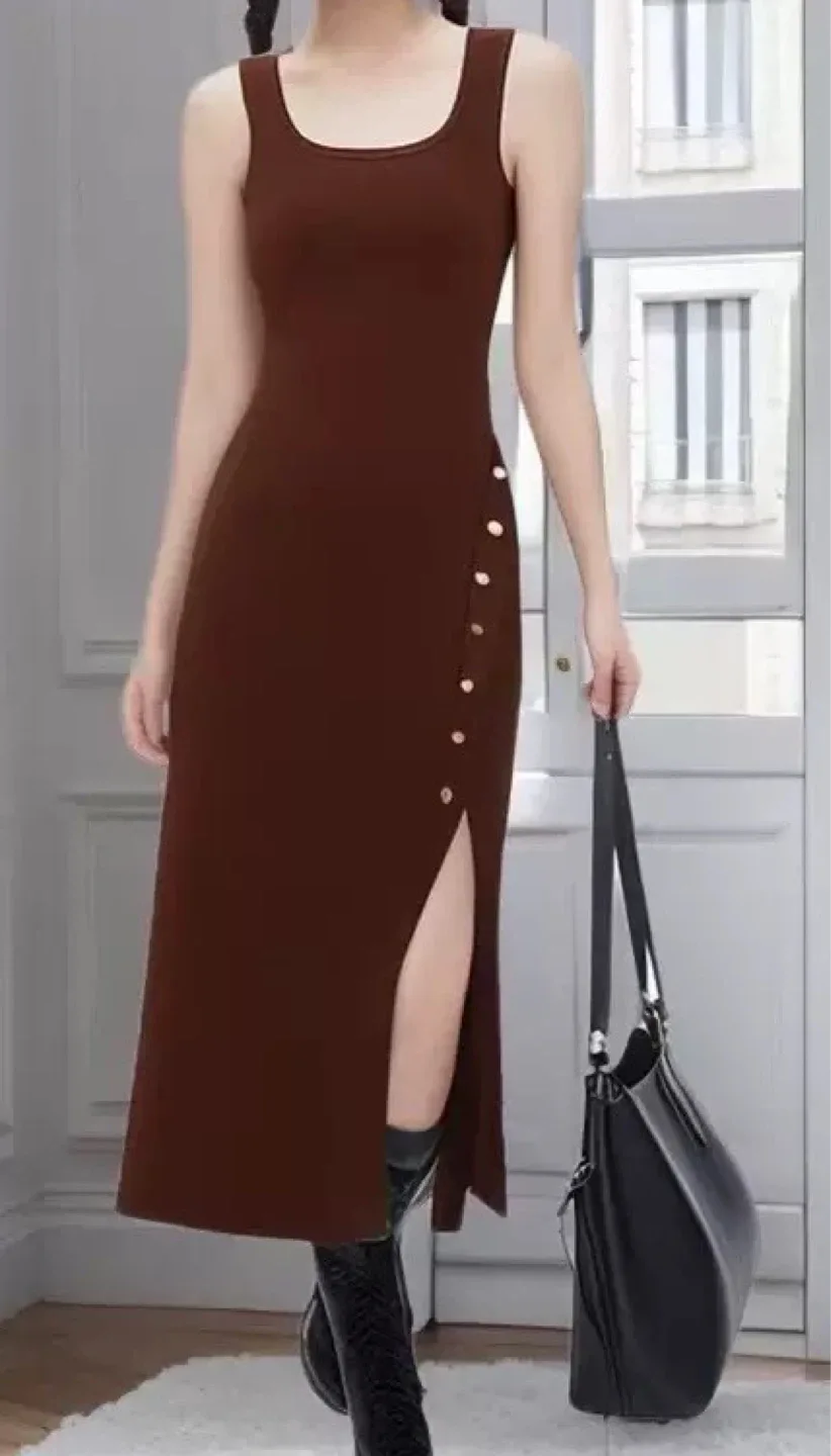 Brown Ribbed Knit Tank Dress thumbnail