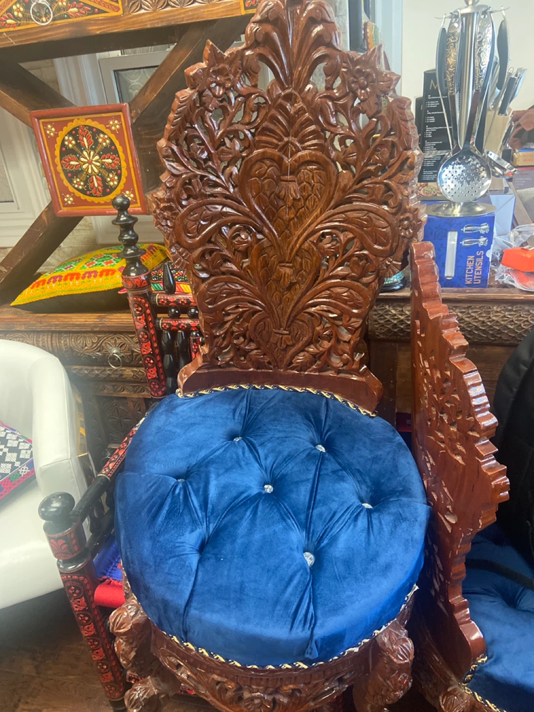 Hand Carved Wooden Chair with Blue Velvet Cushion