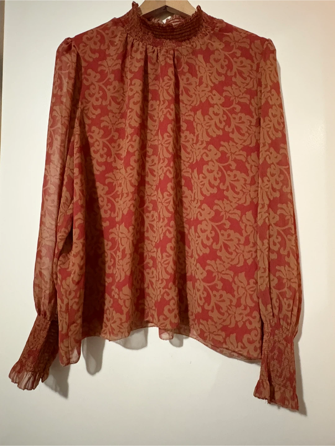 Salmone red pinkish Floral Print Long Sleeve Blouse