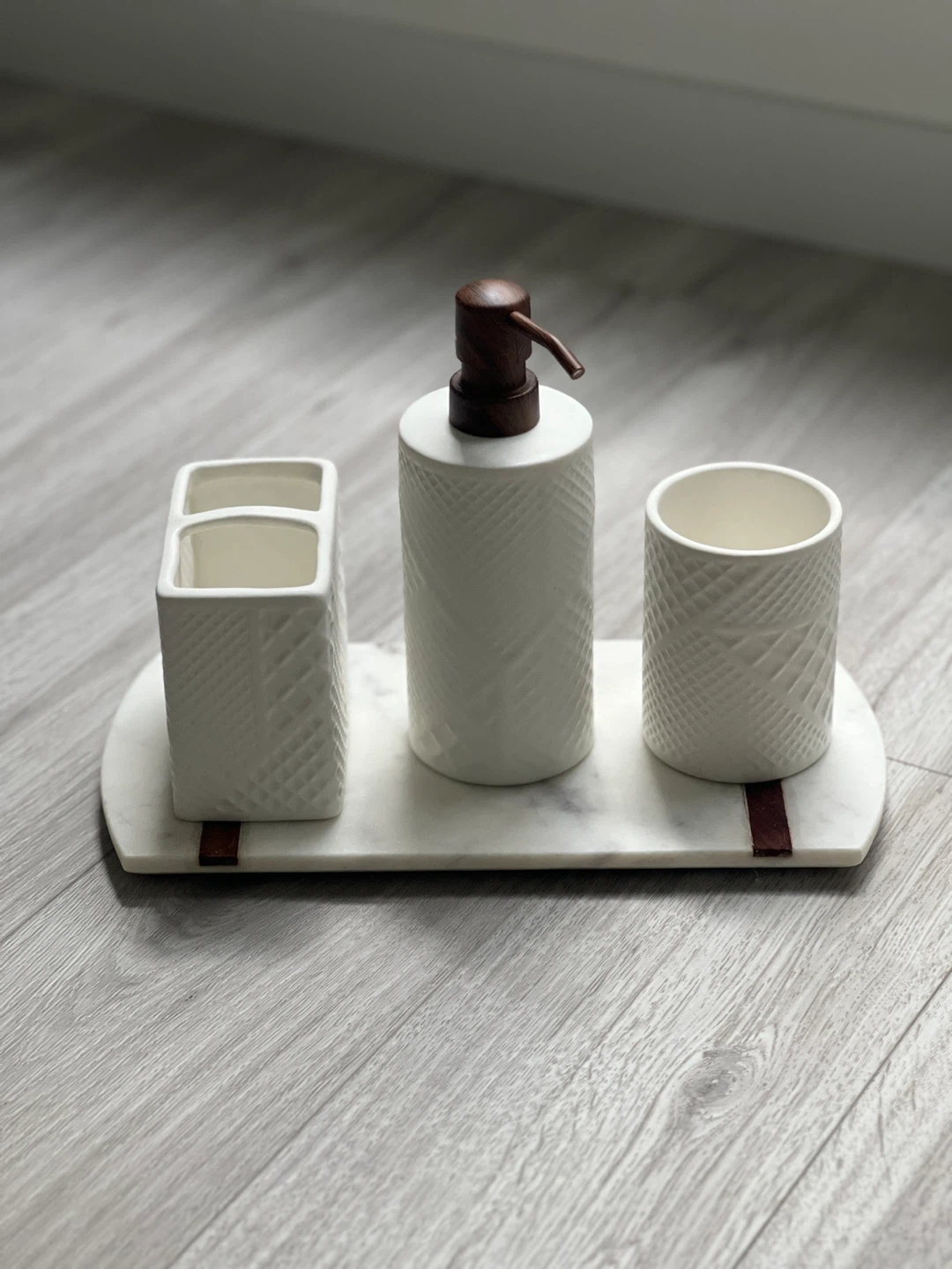 White Bathroom Set - Soap Dispenser, Tray, Toothbrush Holder