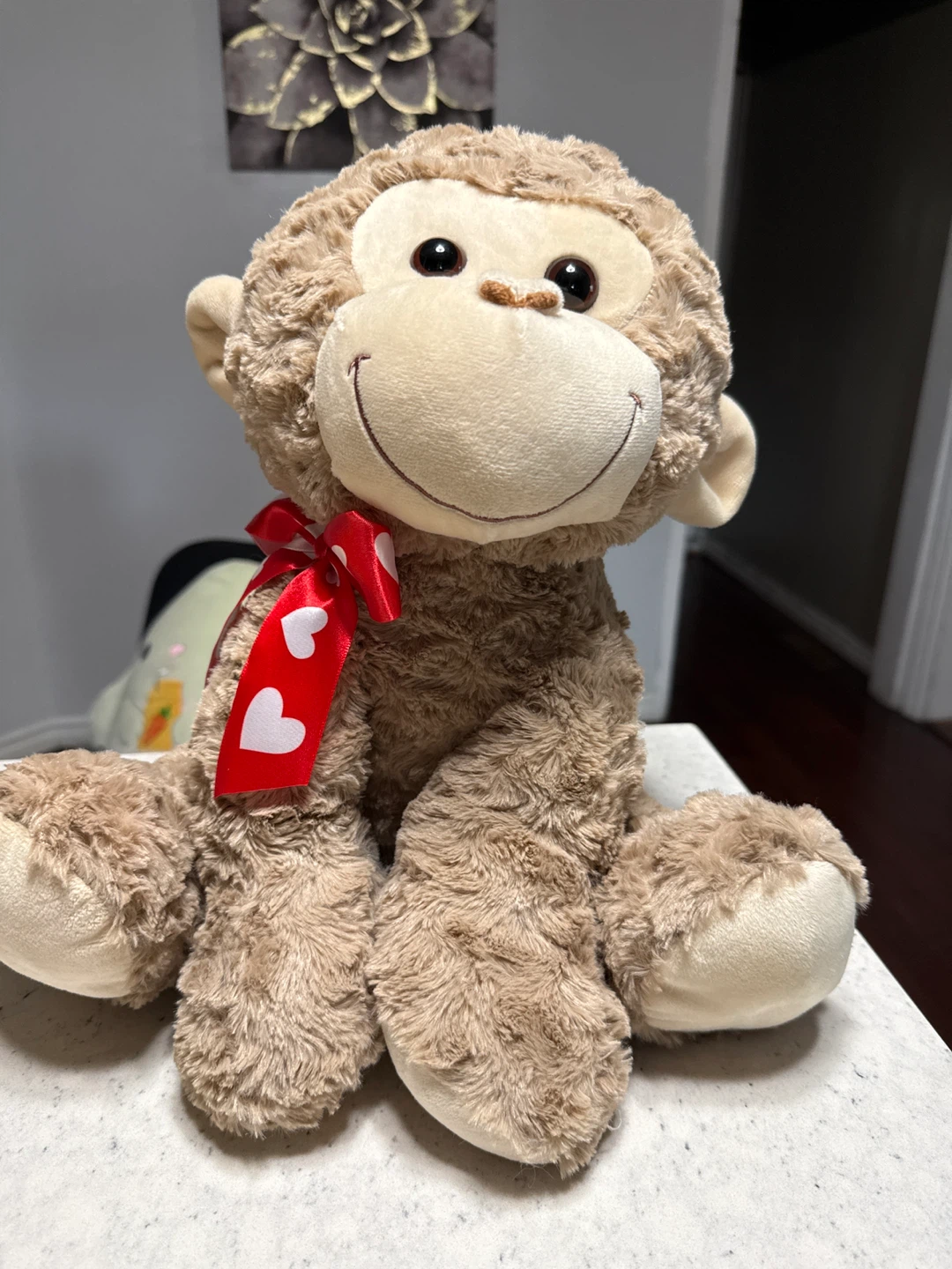 Stuffed Monkey with Red Heart Ribbon