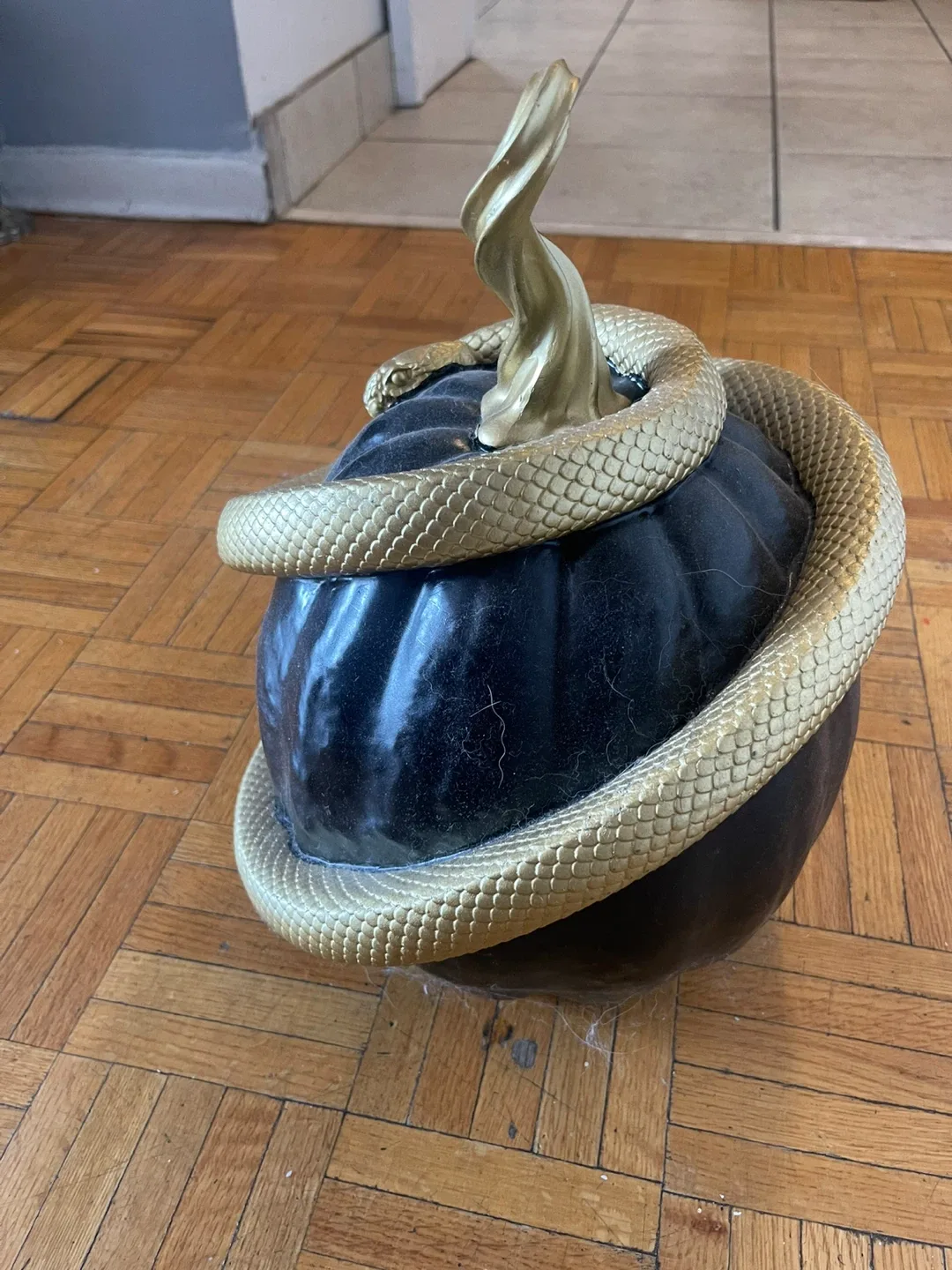 Black Pumpkin with Gold Snake Halloween Decor image indicator(3)