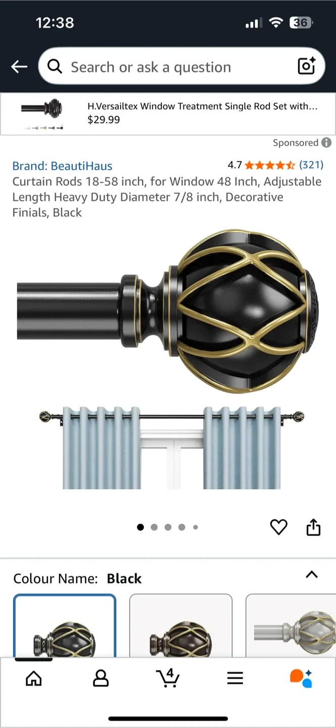 BeautiHaus Curtain Rod, Adjustable 18-58 inch, Black thumbnail