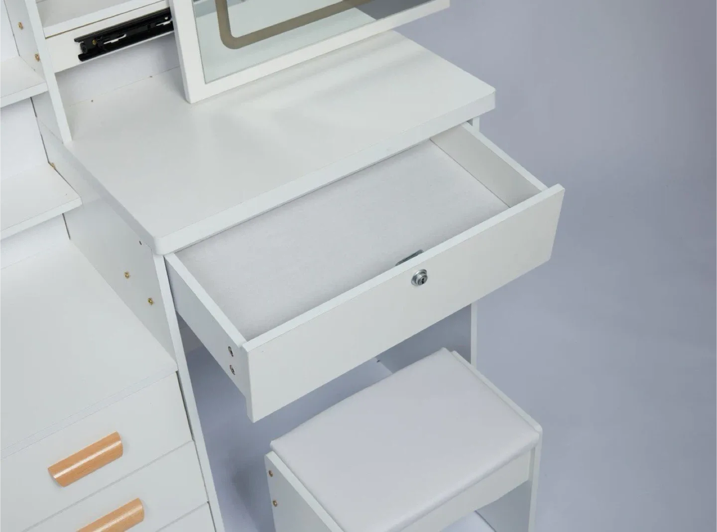 White Vanity Makeup Table with Lighted Mirror and Stool image indicator(6)