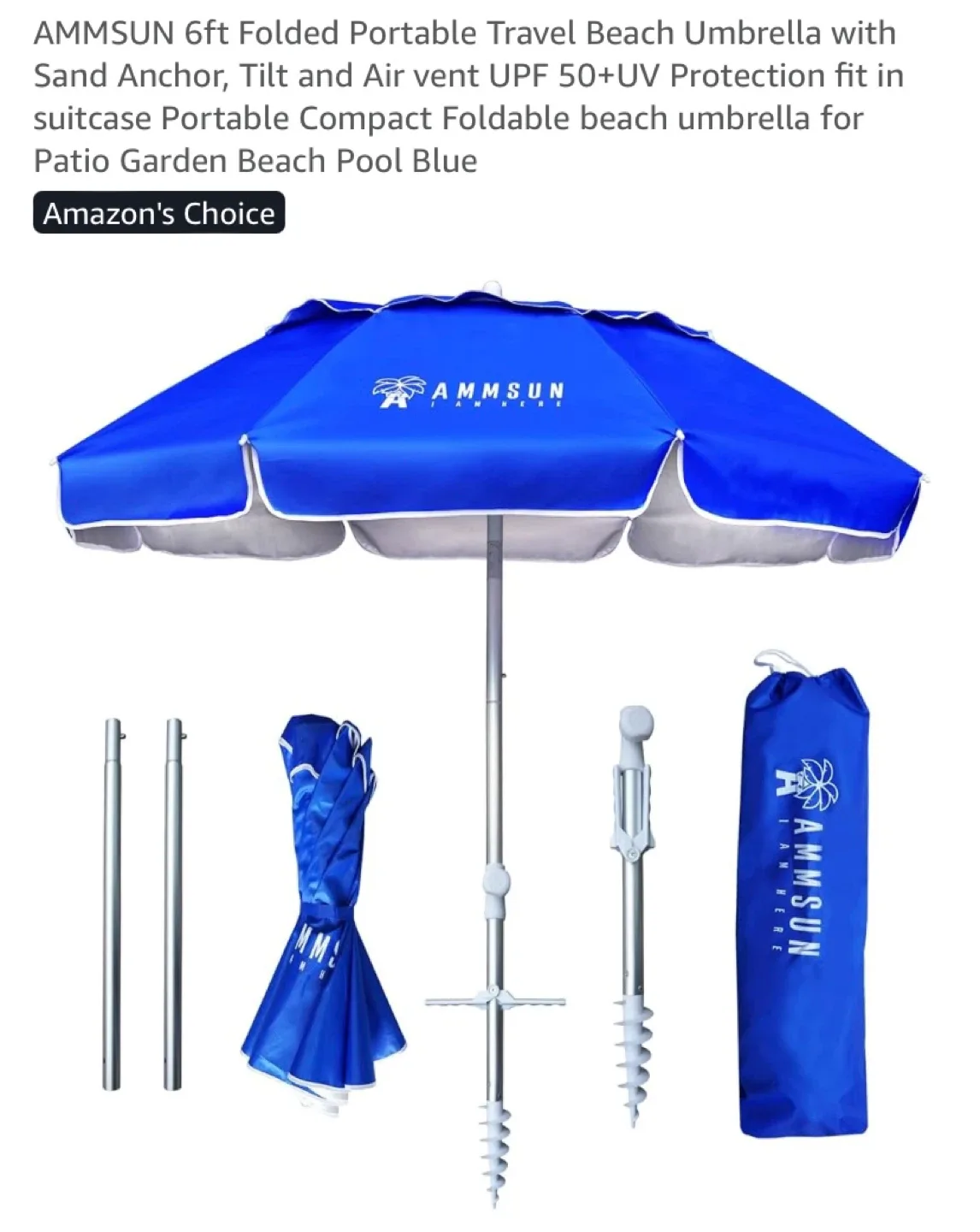 New 6ft Portable Travel Beach Umbrella with Sand Anchor, Tilt thumbnail