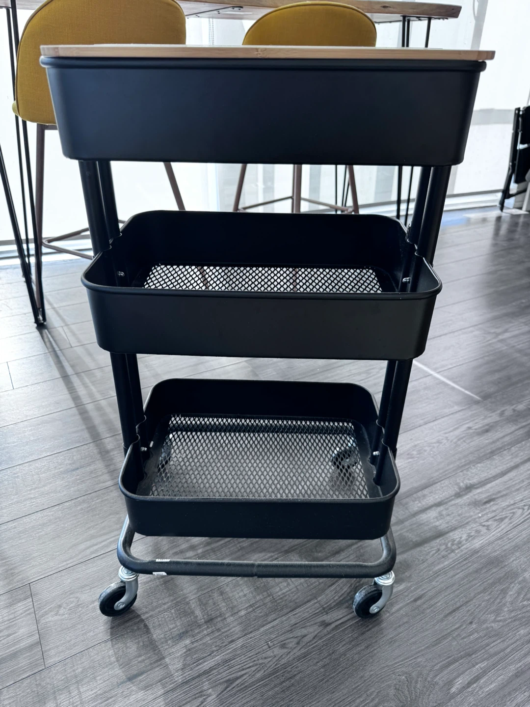Ikea Black Rolling Cart with Wooden Top (cutting board)