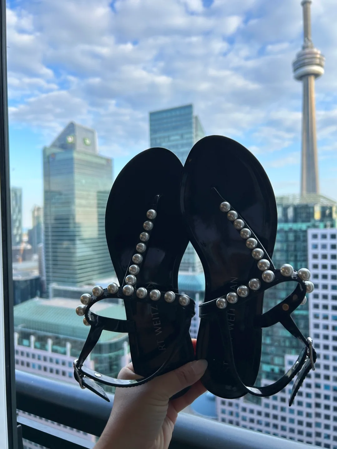 Brand New  Stuart Weitzman Black Sandals with Pearls size 7 image indicator(4)