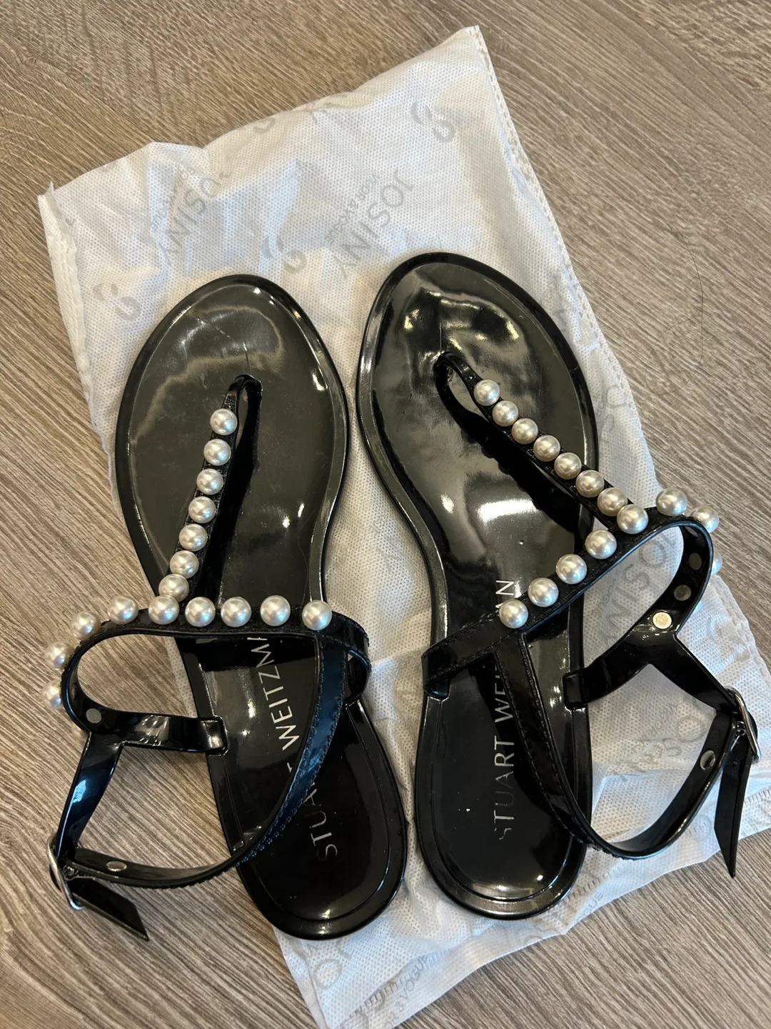 Brand New  Stuart Weitzman Black Sandals with Pearls size 7 image indicator(3)